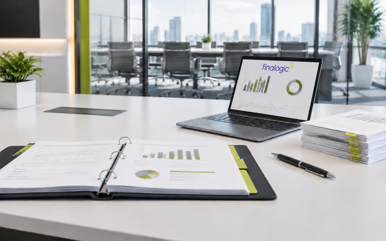 Audit evidence documents and a laptop arranged on a bright boardroom table